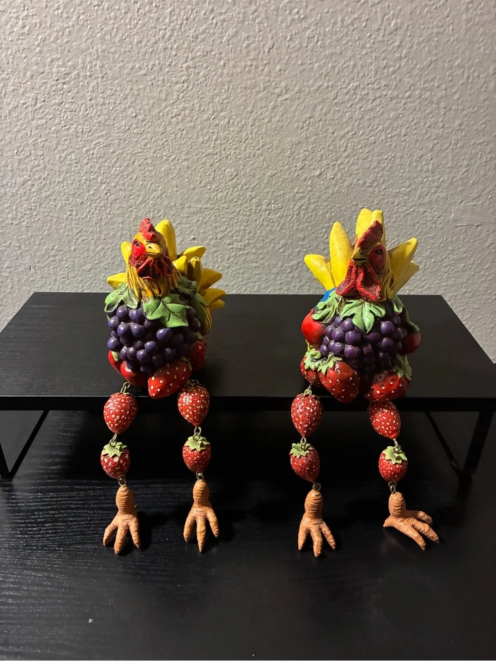 Anthropomorphic ROOSTER Sculpture Shelf Sitter Fruit Strawberries VTG x2
